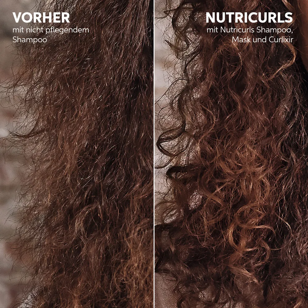 Vorher-Nachher Bild von Haaren bei Verwendung von Wella Nutriculrs Curlixir Balm