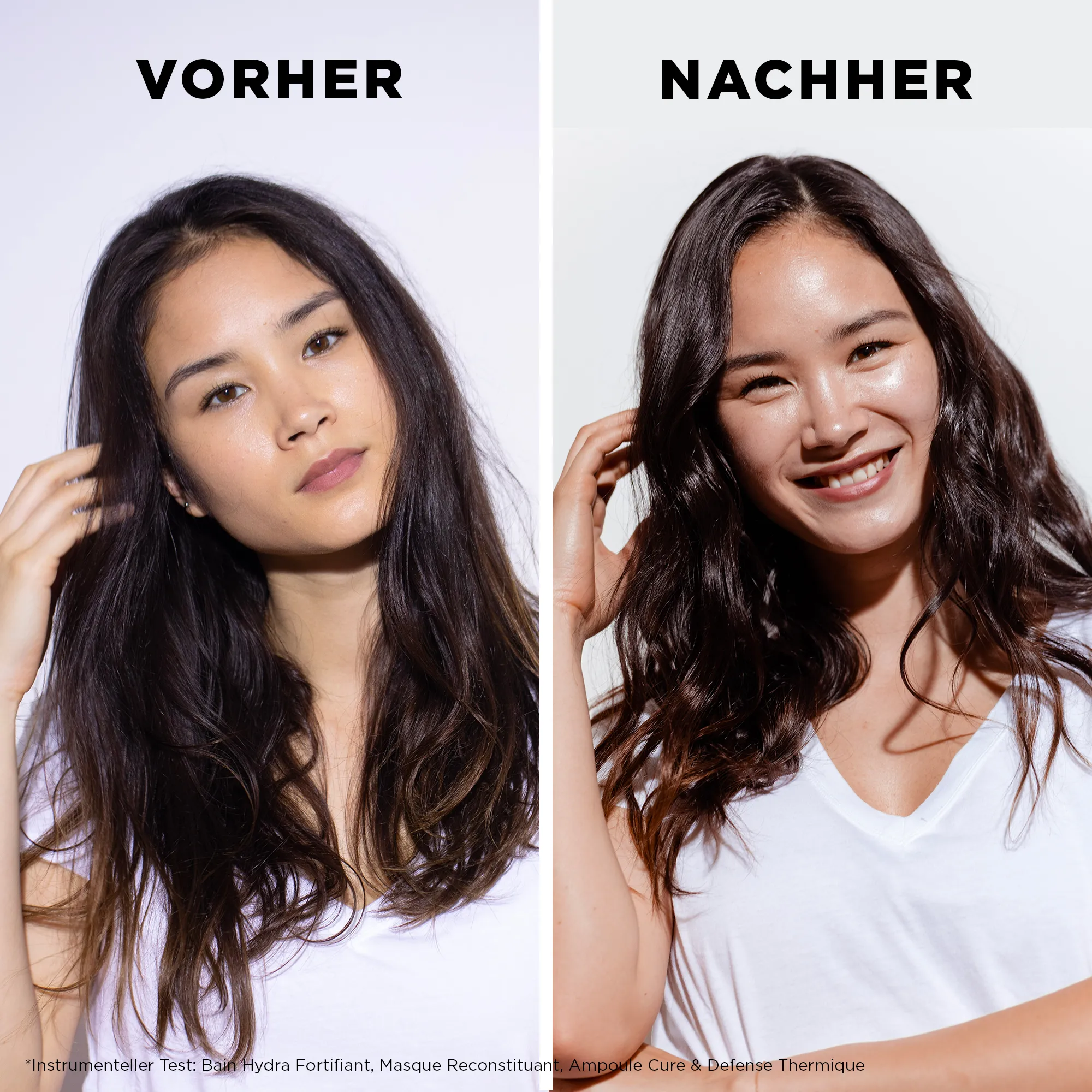 Vorher Nachher-Bild von Frau mit langen braunen Haaren