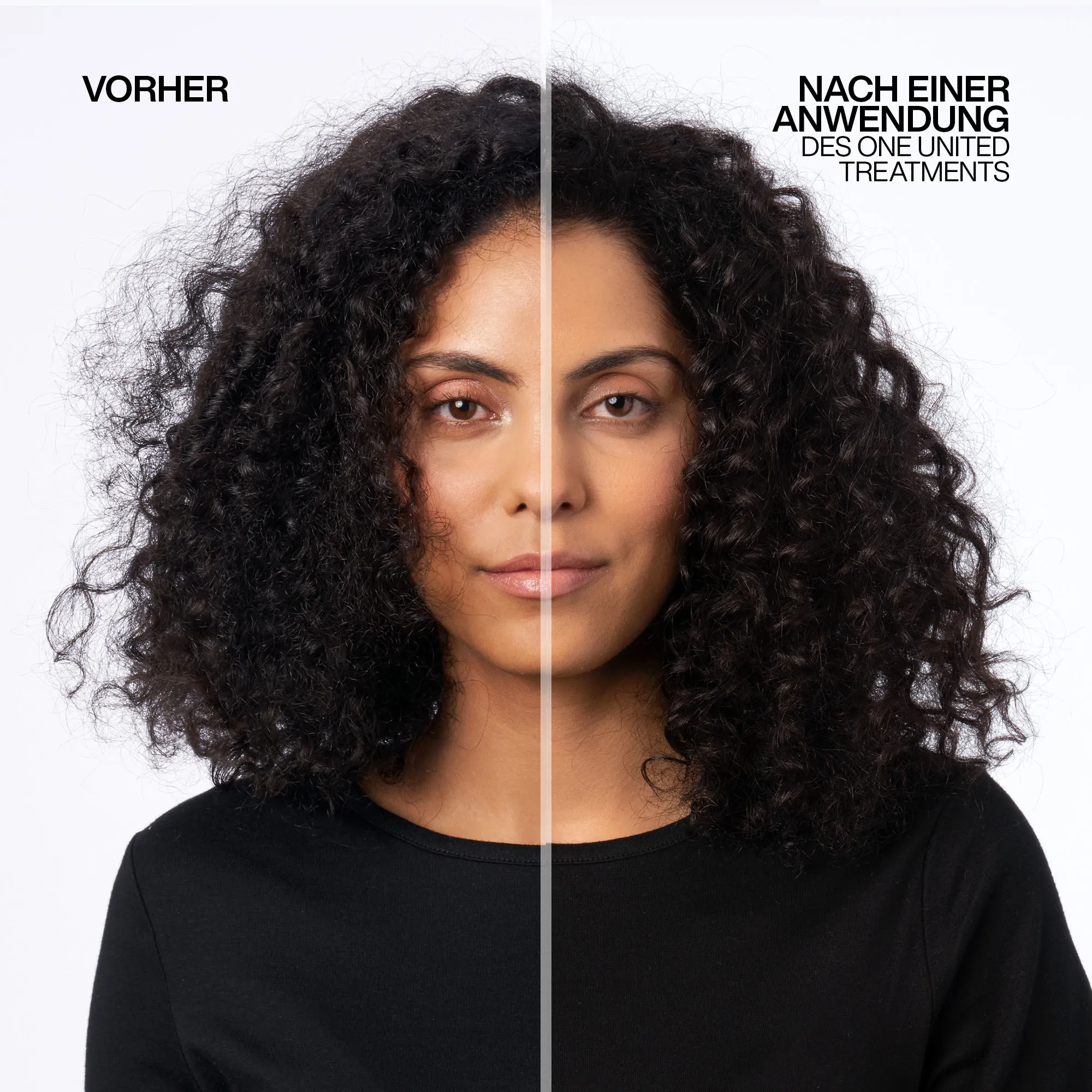 Vorher Nachher-Bild von Frau mit kinnlangen lockigen braunen Haaren